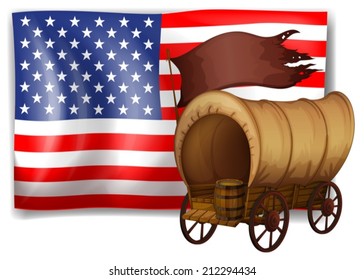 Illustration of the USA flag at the back of a wagon on a white background