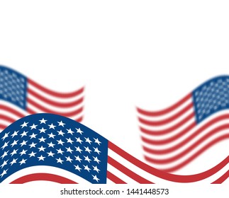 Illustration of USA flag, wavy, developing, blurred effect. American flag. Vector overlay template, banner, holiday card. Isolated light background.