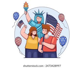 Illustration of USA Independence Day on the 4th of July with two people proudly holding American flags, symbolizing unity and national pride. Behind them stands a person dressed as the Liberty Statue