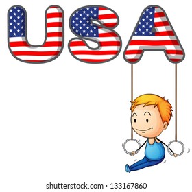 Illustration of the USA letters with a young boy playing on a white background