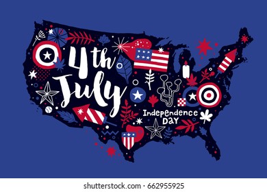 Illustration of USA map with abstract floral and patriotic elements. 4 July Independence Day template. Useful for prints, posters and advertising.