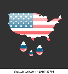 Illustration of USA map with russian flag water drops