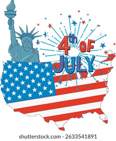 Illustration of the USA map with Statue of Liberty, fireworks, and 4th of July text in vibrant colors