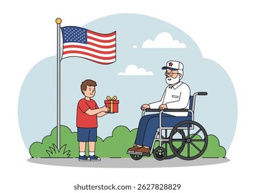 Illustration for USA Memorial Day: Child giving a gift to a veteran in a wheelchair by the American flag. Honoring service and remembrance