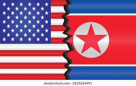 Illustration of USA and North Korea flags divided by a jagged line, representing geopolitical tension, conflict, and diplomacy challenges between the two nations. Editable vector EPS Available