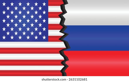 Illustration of the USA and Russian flags divided by a jagged black line, representing political tension, rivalry, or diplomatic conflict between the two global powers. Editable vector EPS Available
