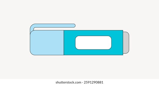 Illustration of a USB flash drive with a blue casing and a white label. The USB drive is depicted in a minimalist style, emphasizing its compact design. Vector illustration.