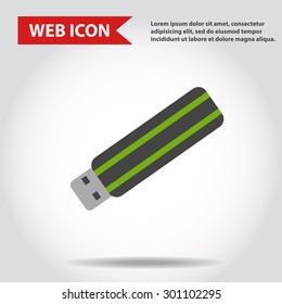 Illustration of USB flash drive web icon with green stripes, vector.