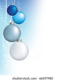 illustration for use as a background christmas element with twinkling stars and blue bauble decorations