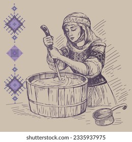 Illustration for use in cheese design. Cheese making has long been a way of making cheese. Drawing of a woman in the process of making cheese