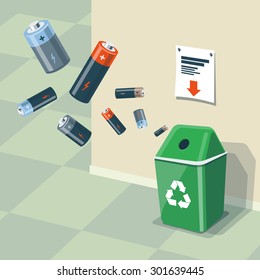 Illustration of used batteries and recycling bin for them. Batteries are in the air and falling into the green trash bin standing near the wall. Waste management concept.