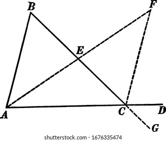Illustration used to prove that, If one side of a triangle is prolonged, the exterior angle formed is greater than either of the remote interior angles, vintage line drawing or engraving illustration.