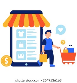 Illustration of a user enjoying a digital shopping journey using a mobile app and shopping cart for convenience.