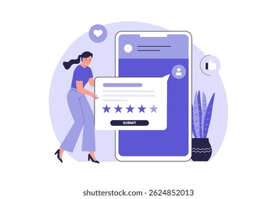 Illustration of User Giving Feedback via Chat on Mobile App. Illustrations for websites, landing pages, mobile apps, posters and banners