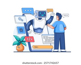 Illustration of a user interacting with an AI chatbot. 
The chatbot, depicted as a humanoid robot, emerges from a large smartphone screen and engages in a conversation with the user.