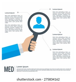 Illustration of user model and magnifier glass with place for text Medical healthcare infographics template. search quality people. we are hiring. vector illustration template