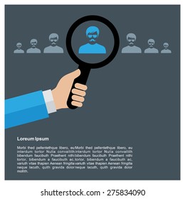 Illustration of user model and magnifier on dark background. search quality people. we are hiring. vector illustration template