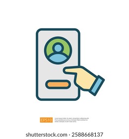 An illustration of a user profile interface with a hand pointing at it, suggesting interaction or selection. Flat line style icon