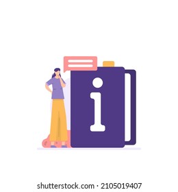 ilustración de un usuario leyendo una guía o un manual. concepto de manual de usuario, manual de usuario. información sobre el uso de software, sitios web, aplicaciones. estilo de dibujos animados planos. diseño vectorial. ui
