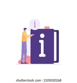 ilustración de un usuario leyendo una guía o un manual. concepto manual de usuario, guía de usuario. información sobre el uso de software, sitios web, aplicaciones. estilo de dibujos animados planos. diseño vectorial. ui