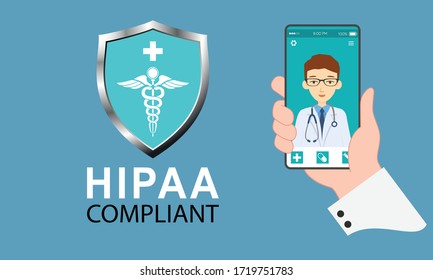 Illustration of user video calling a doctor via healthcare application on a smartphone and professional medical team: protected healthcare information (PHI) consultation and telemedicine concept