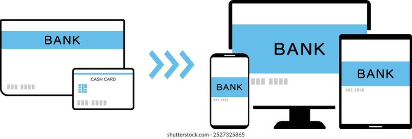 Illustration of using banking application on smartphone, computer, or tablet