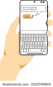 Illustration of Using Chat Bot or AI Assistant on mobile phone to assist or communicate with user.
