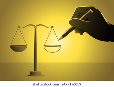 An illustration of using a pencil, the hand draws a scale of justice. Change the law or modify laws as a legal concept of justice modification