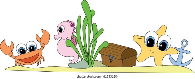 illustration using seabed and cartoon sea characters aND TREASURE CHEST