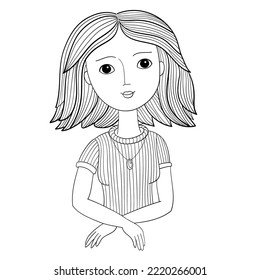 Illustration of usual calm woman in black and white colors. Head, arms, hands and body.