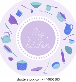 Illustration with utensils arranged in a circle. With an inscription My kitchen. Crockery polka dots violet set