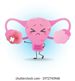 Illustration uterus inflamed ovary against a blue and white background. Vector cute style cartoon character illustration for applications medical website. The concept of prevent cervical cancer.