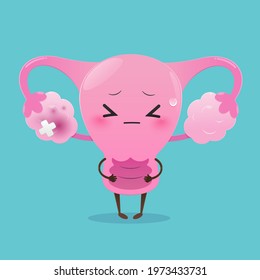 Illustration uterus inflamed ovary against a blue background. Vector cute style cartoon character illustration for applications medical website. The concept of prevent cervical cancer.