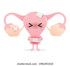 Illustration Uterus Inflamed Ovary Against A Blue Background. Miometrium. Vector Cute Style Cartoon Character Illustration For Applications Medical Website. The Concept Of Prevent Cervical Cancer.