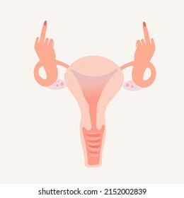 Illustration of a uterus showing the rude finger, as a symbol of protest. Women's rights in full color. 