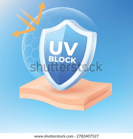 illustration of UV block shield on skin layer with protective barrier and reflection arrows. Concept of sunscreen protection, UV defense and healthy skin care technology.