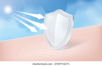 Illustration of UV rays blocked by a protective shield on the skin surface. Concept of sunscreen protection preventing sun damage and maintaining healthy skin