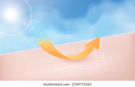 Illustration of UV rays reflecting off a hexagonal protective grid on the skin. Concept of advanced sunscreen technology and skin barrier defense to prevent sun damage and maintain healthy skin