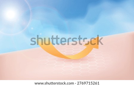 Illustration of UV rays reflecting off a hexagonal protective grid on the skin. Concept of advanced sunscreen technology and skin barrier defense to prevent sun damage and maintain healthy skin