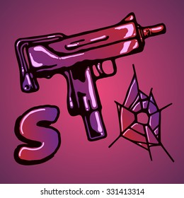 Illustration of UZI automatic rifle  with broken glass and letter S on pink background.
