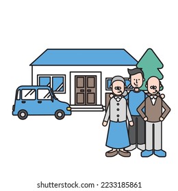 It is an illustration (V type) of a simple house, a senior couple and a young man.