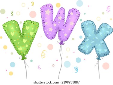 Illustration Of V W X Letters Mylar Balloons Floating With Confetti