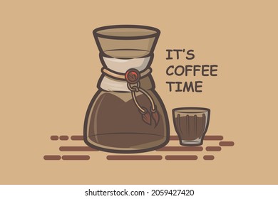 Illustration of V60 coffee maker complete with coffee cup beside on brown background
