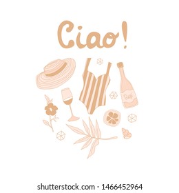 Illustration of a vacation related objects besides italian greeting. For t-shirts, cards, textileas and paper print and design.