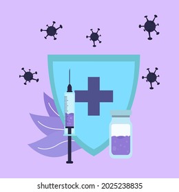 illustration of vaccine, syringes, vaccine bottles, viruses and protection