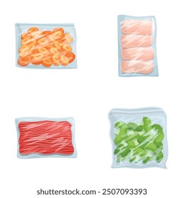 Illustration of vacuumsealed food packs for meat. Vegetables. And seafood in transparent plastic packaging for storage in the freezer. Showcasing the technology. Hygienic design