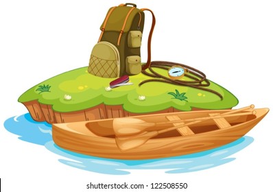 Illustration of vaious objects for camping on an island and a canoe