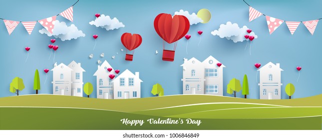 
Illustration Valentine Day. Beautiful Design With Views Of The Country House. There Is A Balloon Over The Housing. Art Paper Design