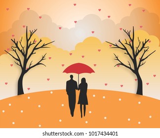 illustration valentine day with the couple standing with red umbrellas, rain hearts, paper cut, paper art, origami style