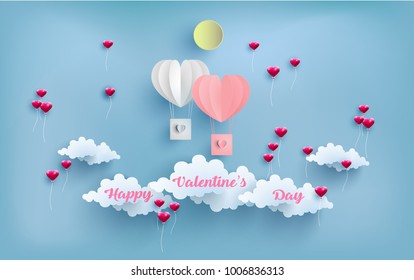 illustration valentine day. happy valentine day. beautiful design with air balloons flying across the clouds. paper art design.